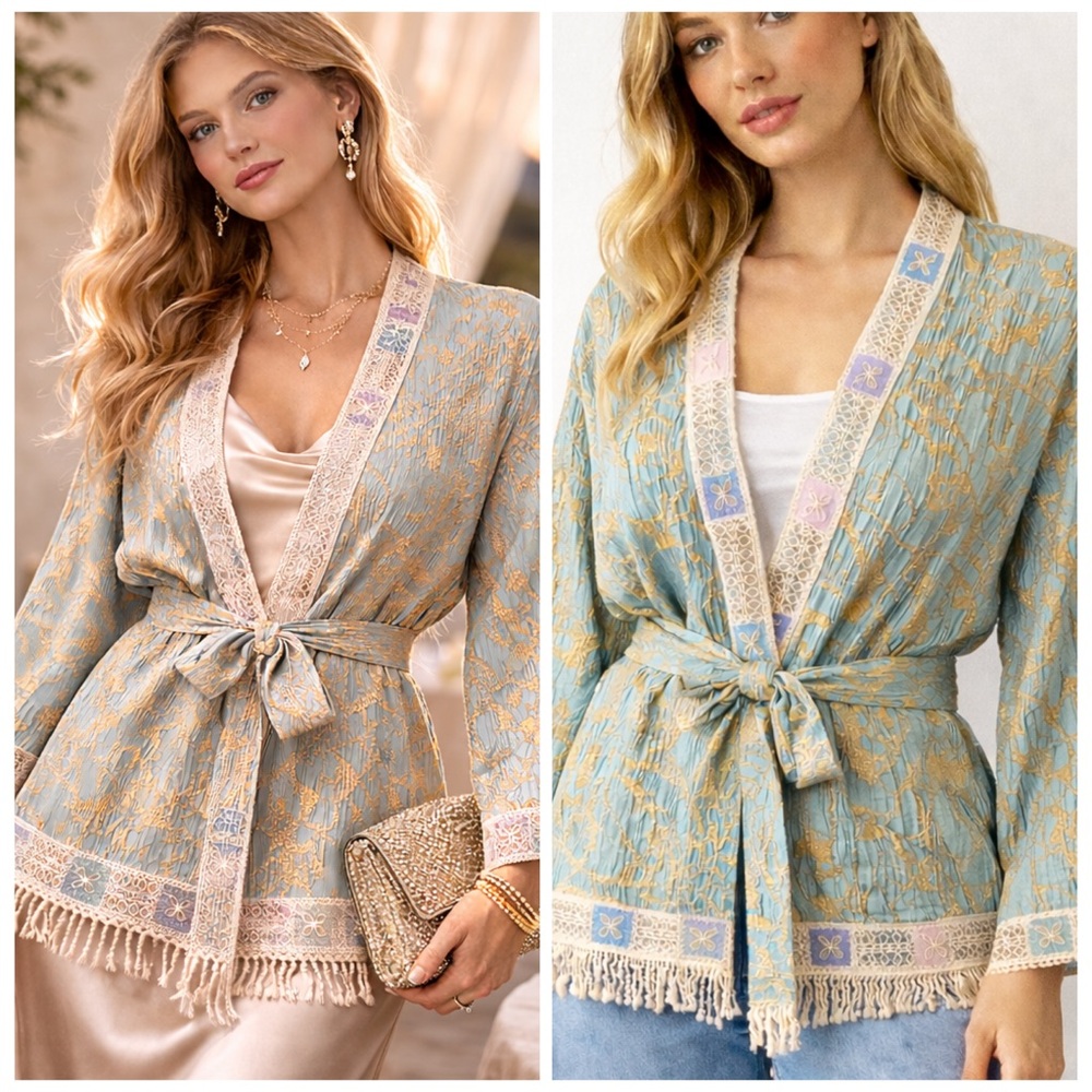 NWT Nekane Kala Jacquard Kimono Jacket Ice Blue Gold Fringe M/L Runs Small
